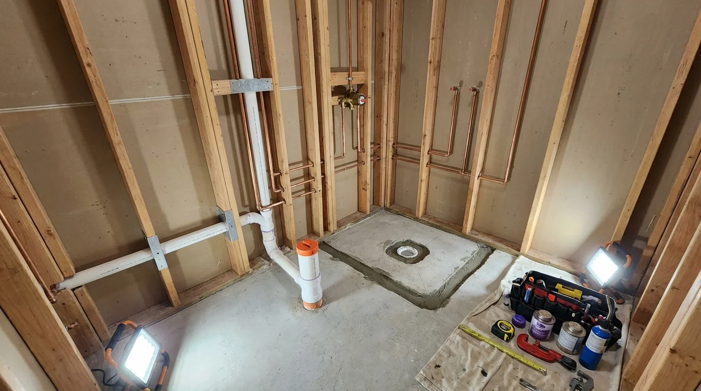 Bathroom rough-in plumbing during remodel by Johns Plumbing LLC in Artesia