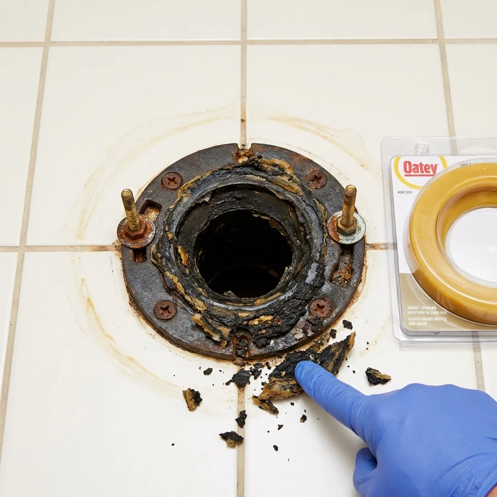 Failed wax ring showing water seepage at the base of a toilet in a Artesia, NM home