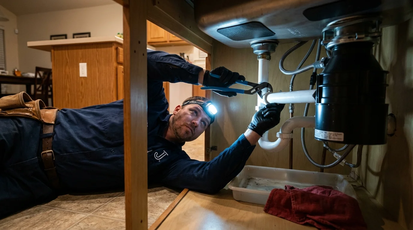 P-trap and supply line connections under a kitchen sink showing a common leak point in Artesia, NM